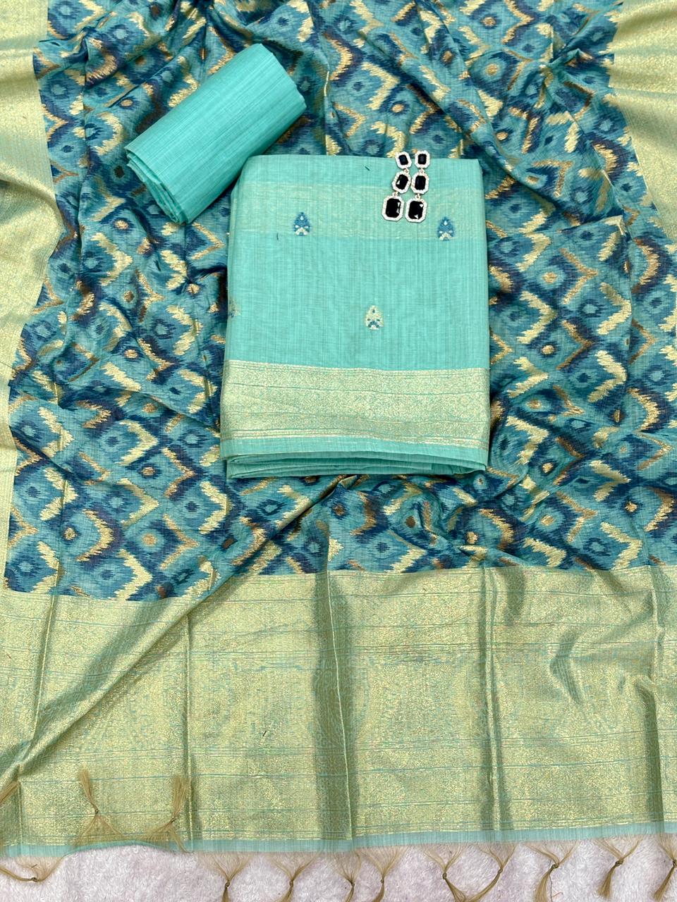 Unstitched Jamdani Cotton Salwar Suit with Ikkat Weaving Dupatta & Bottom