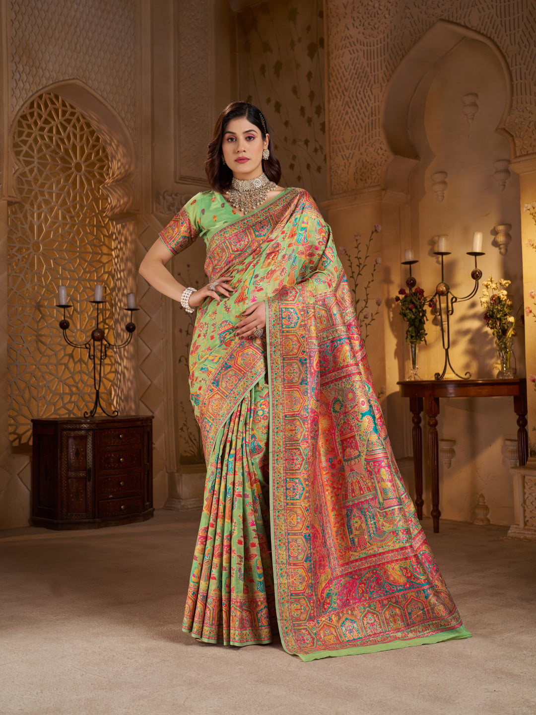 Traditional pashmina silk saree with woven design