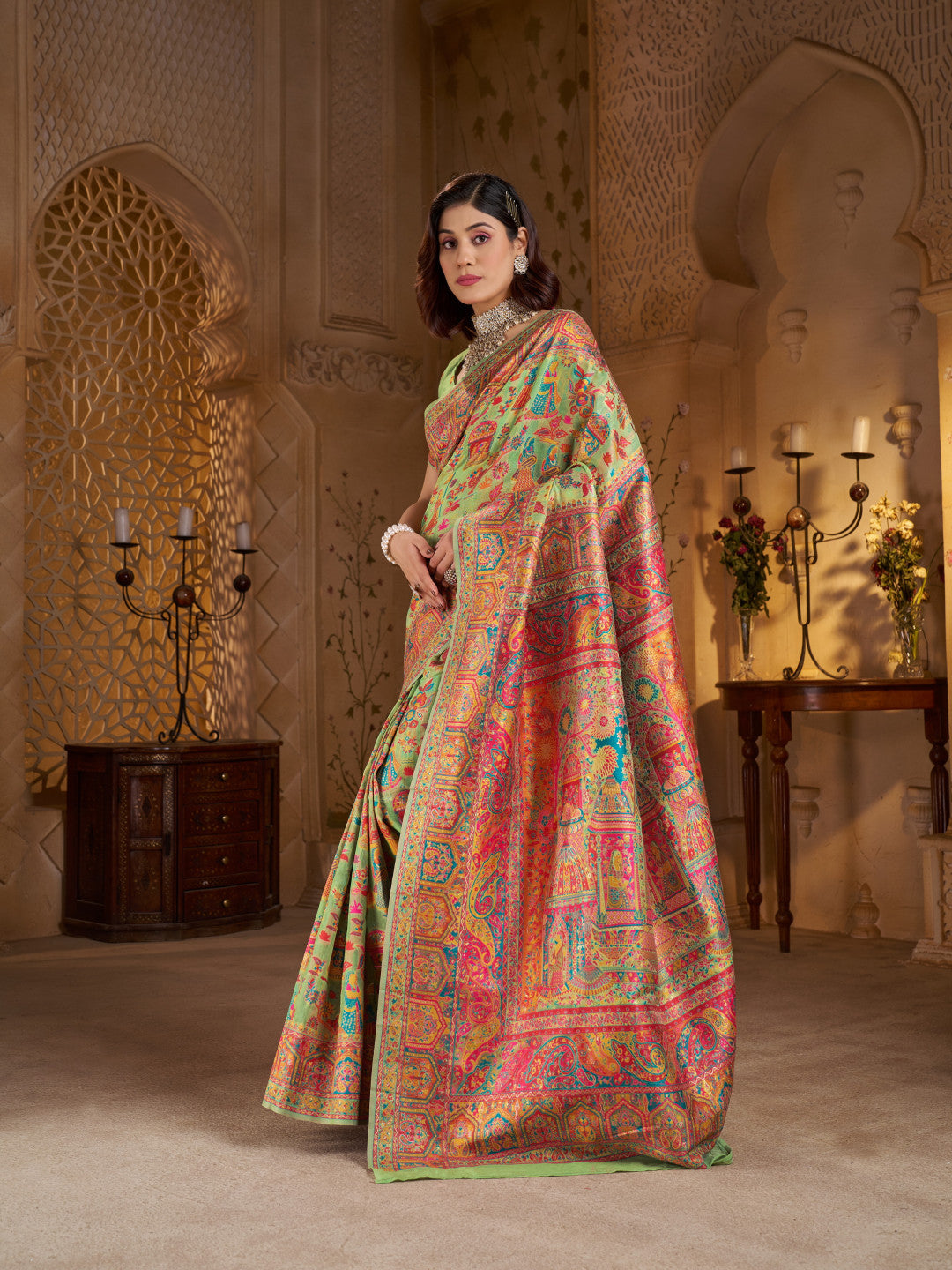 Traditional pashmina silk saree with woven design