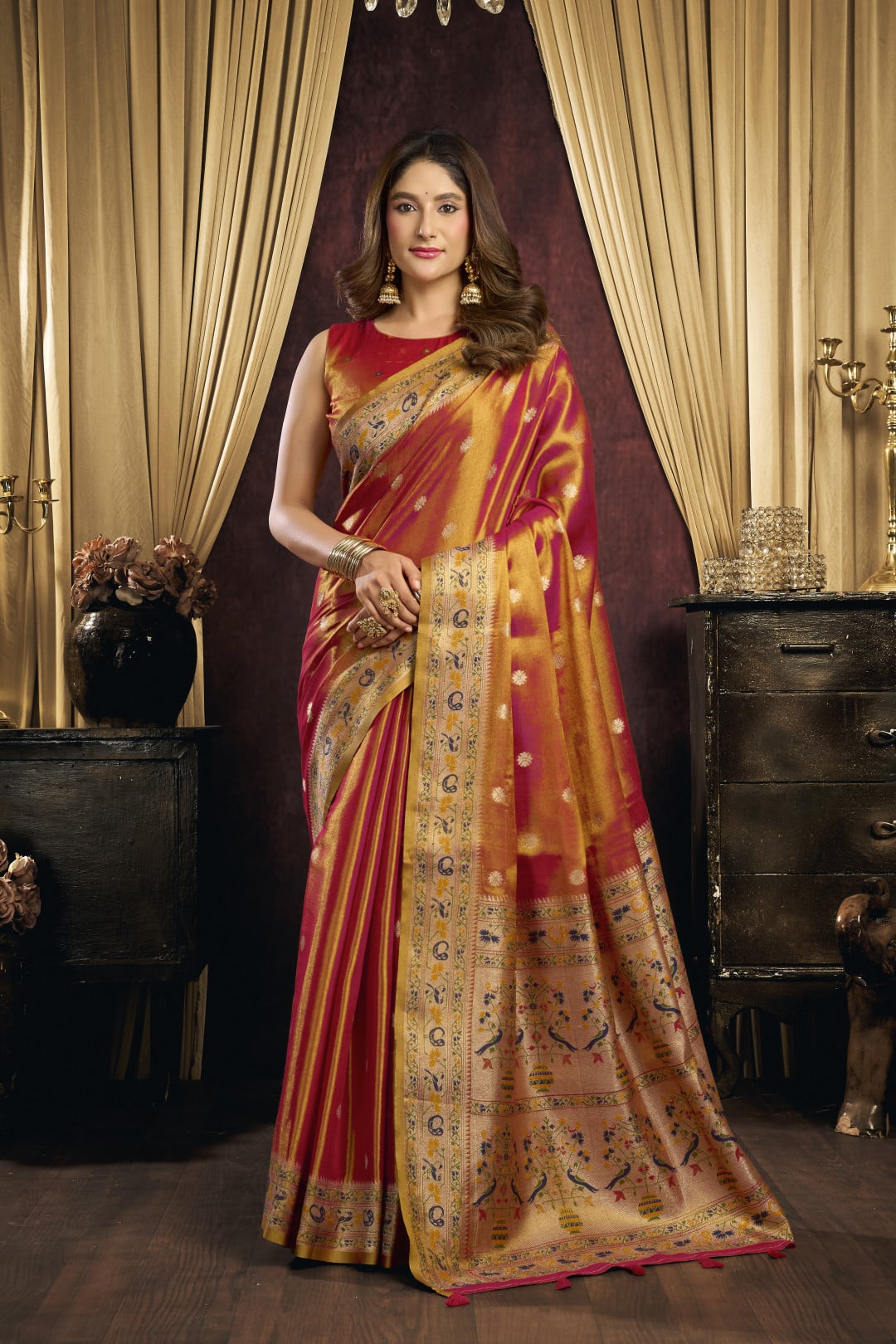Soft tissue paithani silk saree with thread weaving work