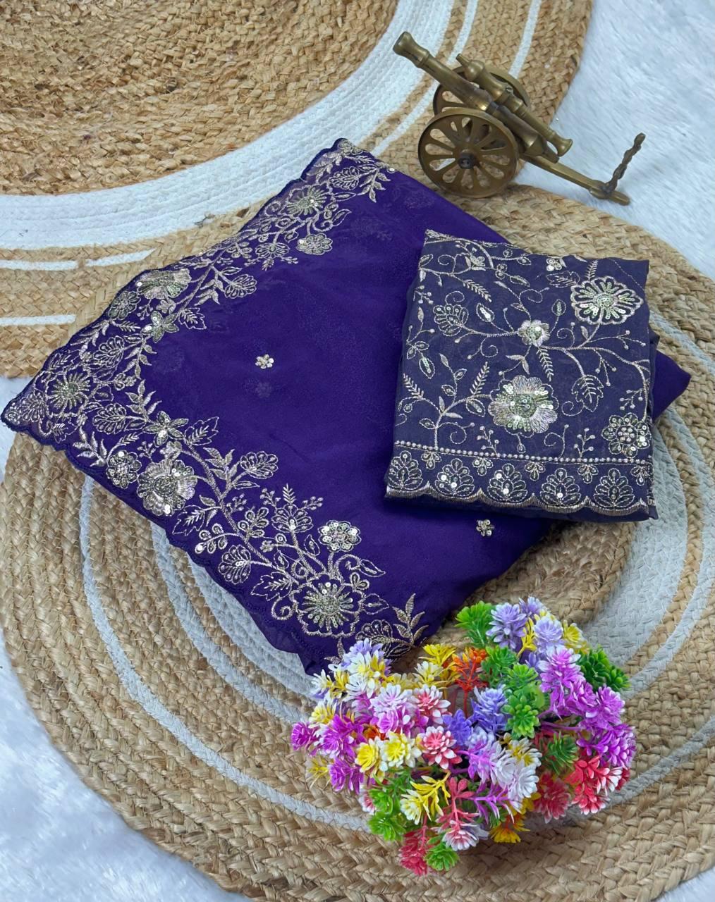 Heavy star georgette silk saree with zari weaving and thread embroidered work