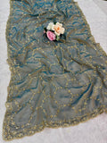Satin silk saree with embroidery work and cutwork border