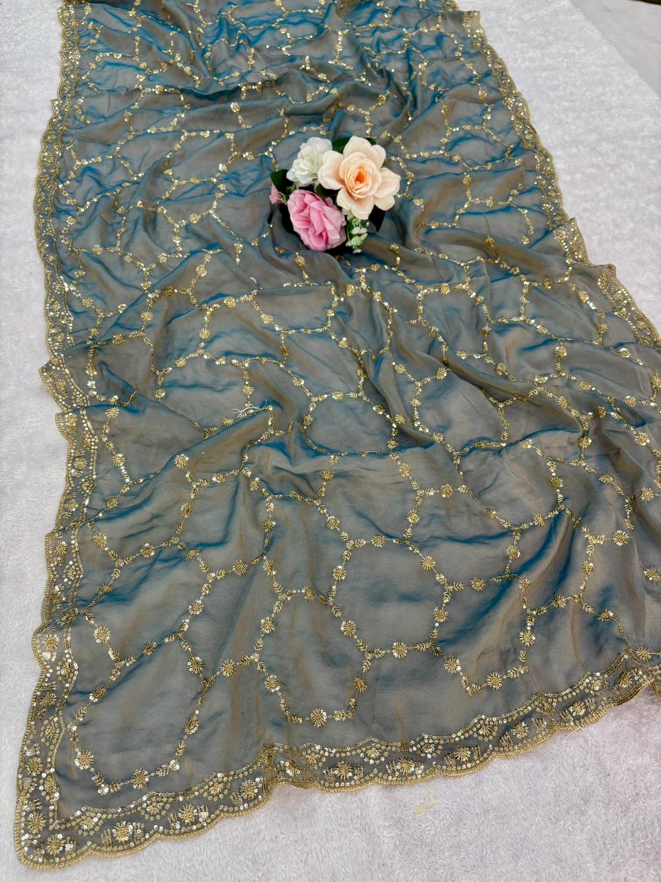 Satin silk saree with embroidery work and cutwork border