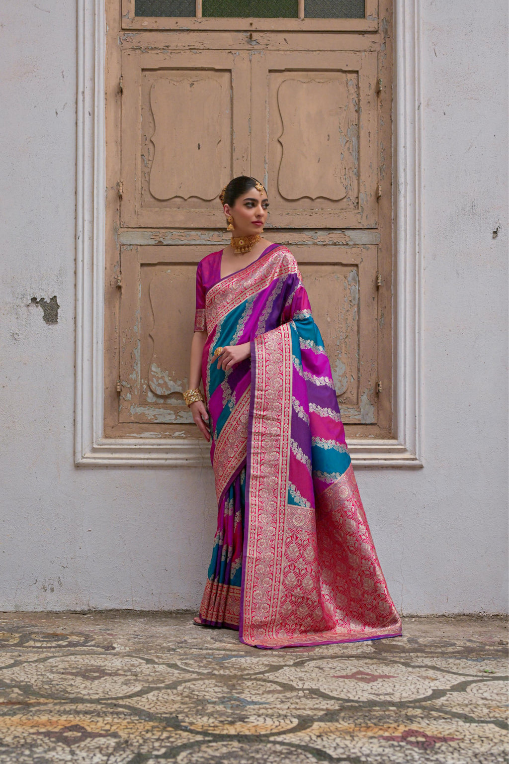 Multi traditional banarasi silk handloom saree with zari weaving work