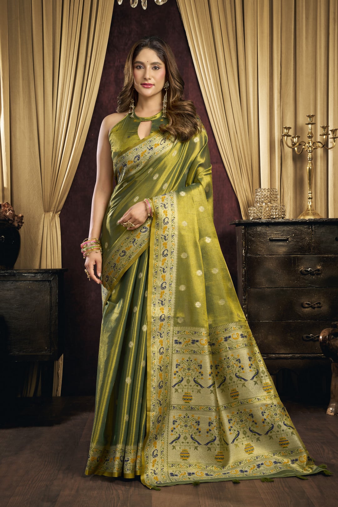 Soft tissue paithani silk saree with thread weaving work
