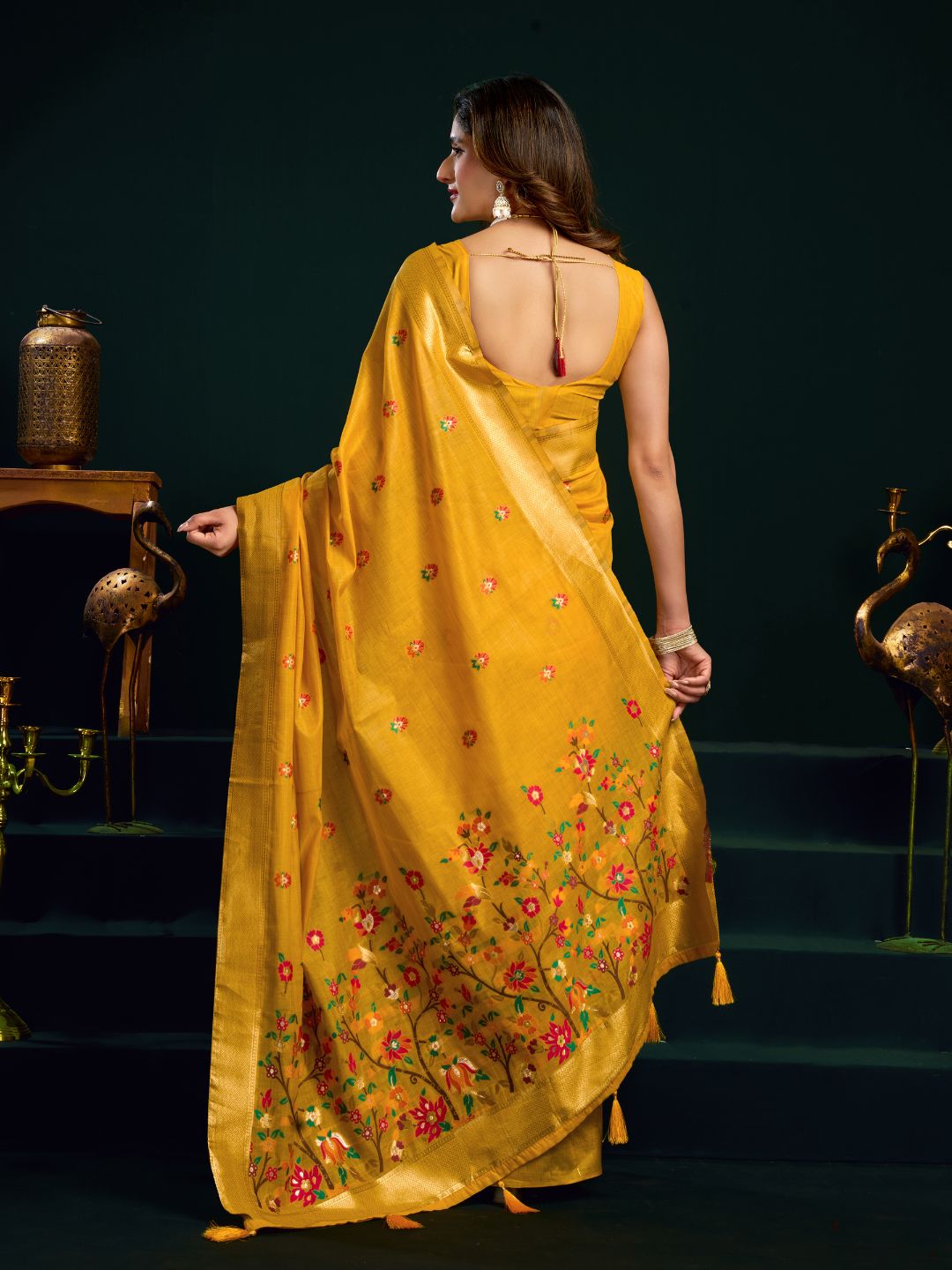 Muga cotton saree with meenakari weaving zari border work