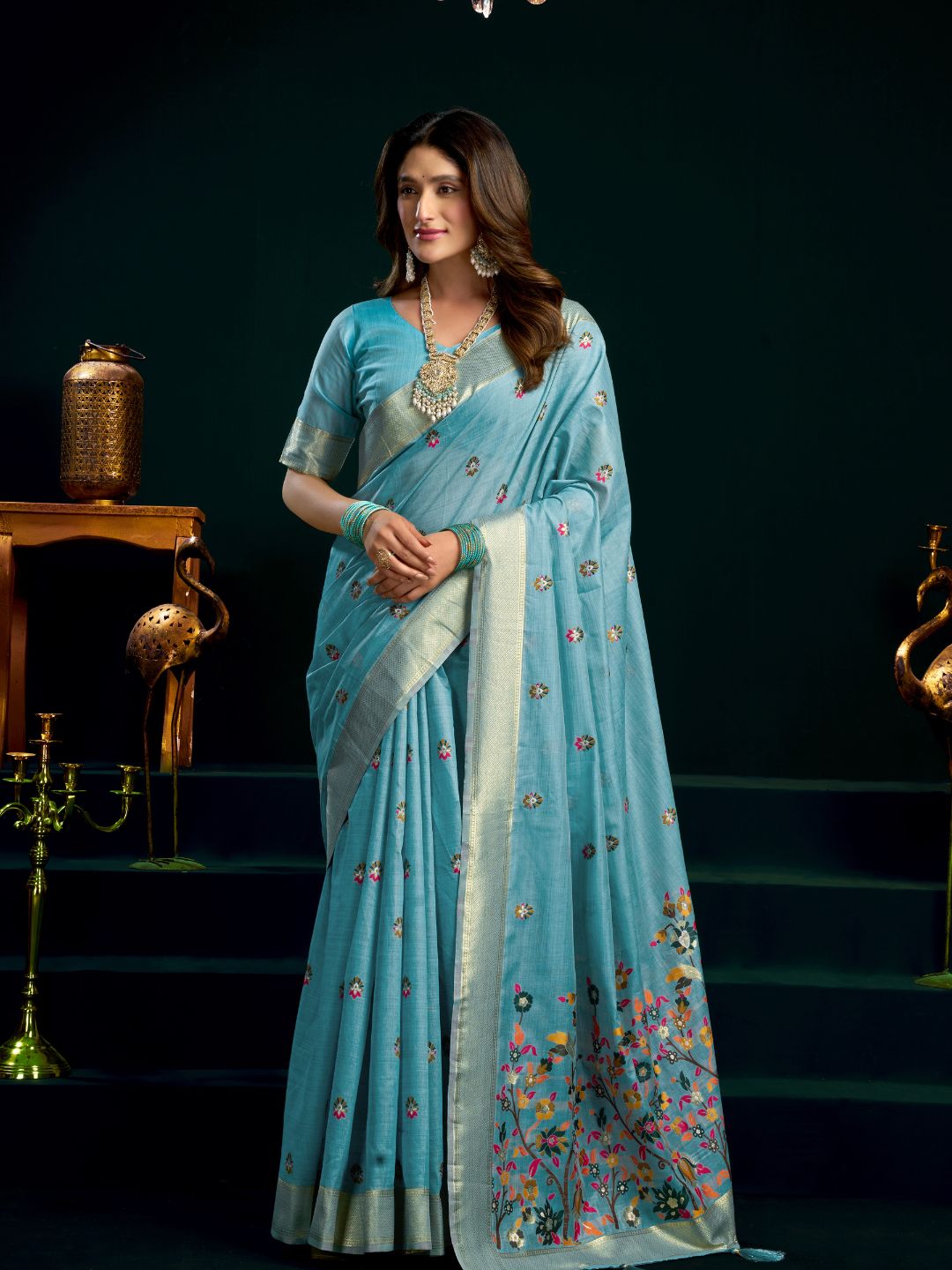 Muga cotton saree with meenakari weaving zari border work