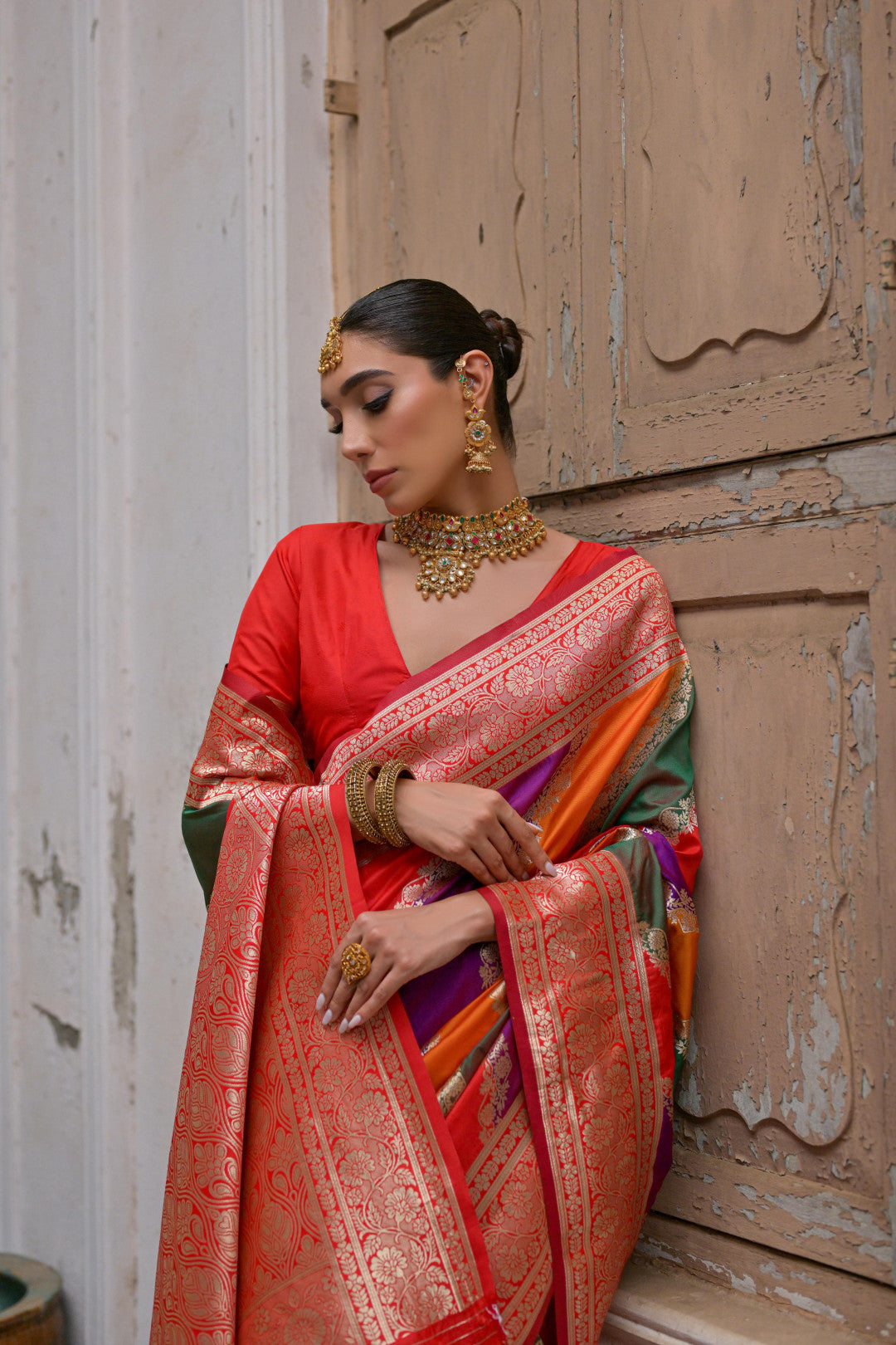 Multi traditional banarasi silk handloom saree with zari weaving work