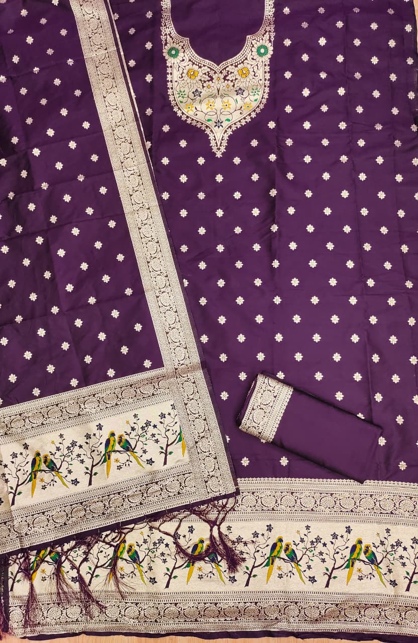 Unstitched zari weaving paithani silk salwar suit with dupatta & bottom