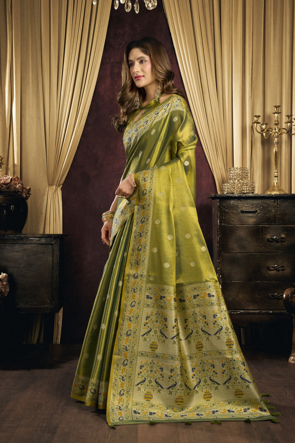 Soft tissue paithani silk saree with thread weaving work