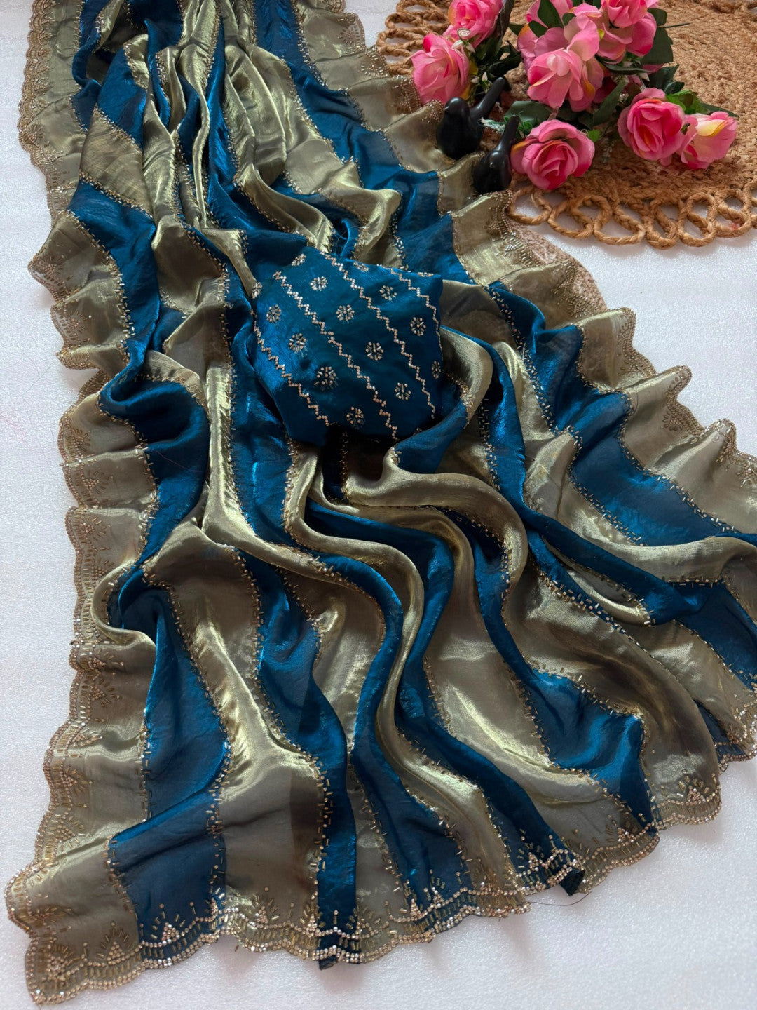 Fancy soft space silk saree with jarkhan and embroidery work
