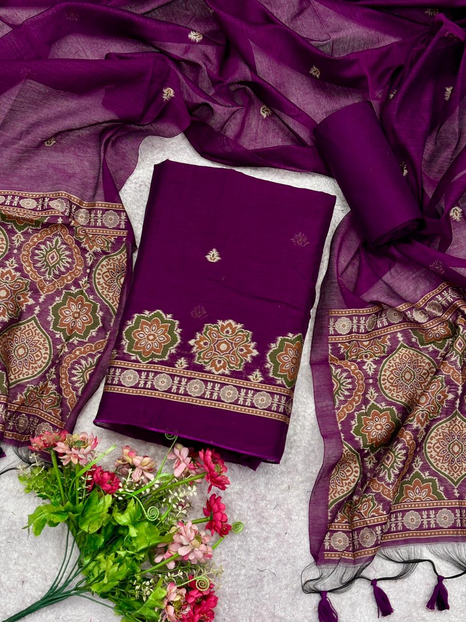 Unstitched Ajrakh Weaving Pure Muga Cotton Salwar Suit with Dupatta & Bottom