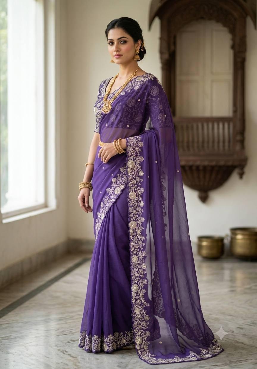 Heavy star georgette silk saree with zari weaving and thread embroidered work