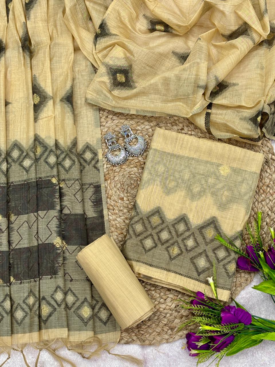 Unstitched Mul Chanderi Salwar Suit with Ikkat Weaving Dupatta & Bottom