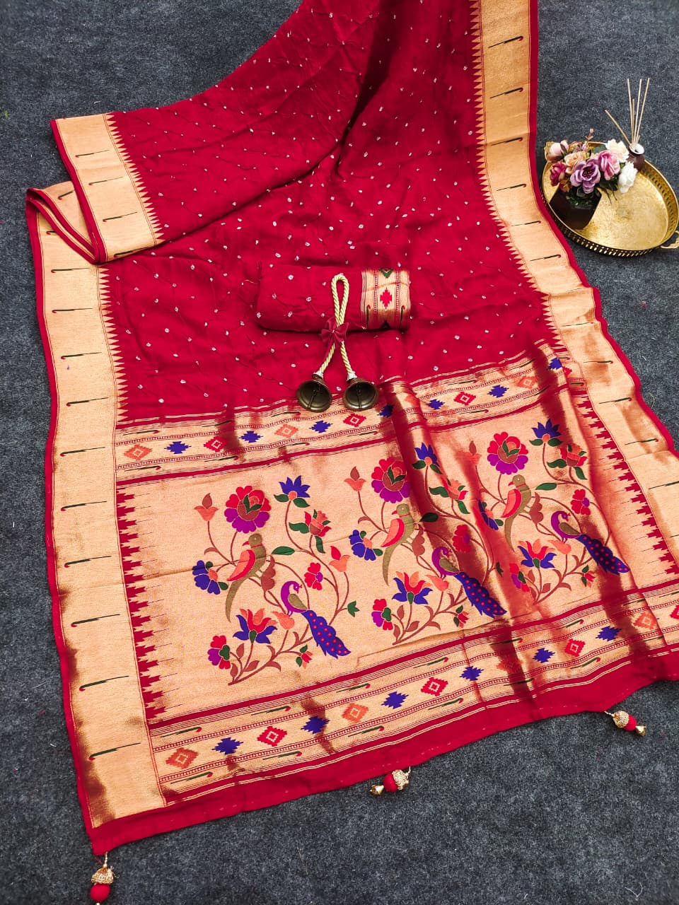 Soft viscose Modal hand bandhej paithani saree with Meena weaving work