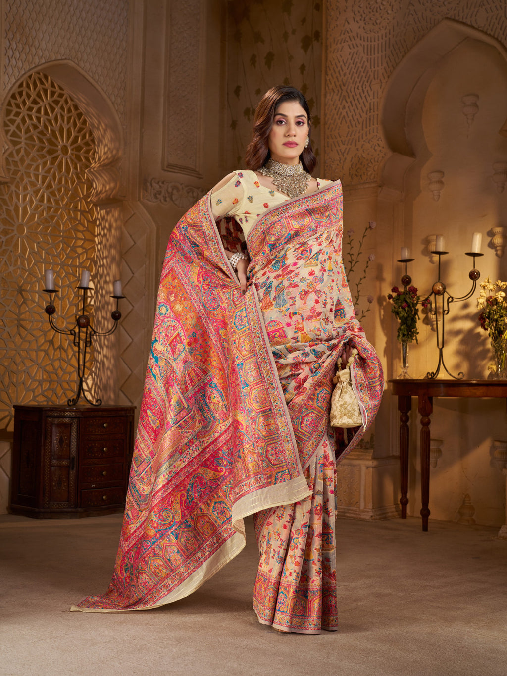 Traditional pashmina silk saree with woven design