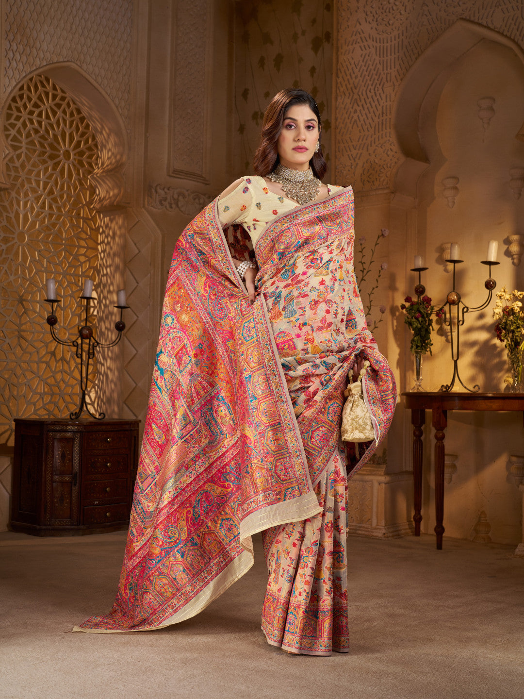 Traditional pashmina silk saree with woven design
