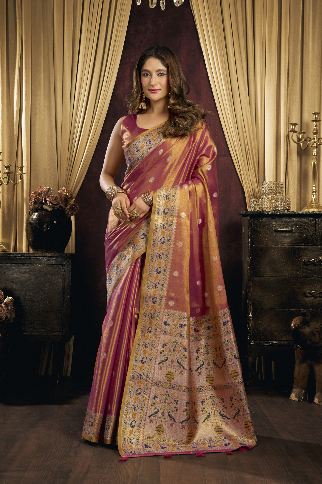 Soft tissue paithani silk saree with thread weaving work