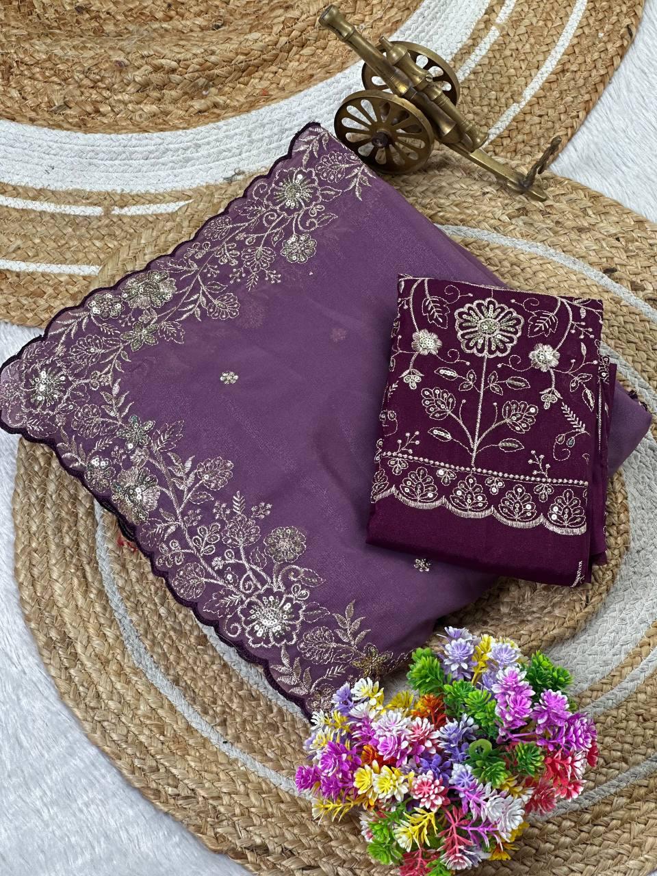 Heavy star georgette silk saree with zari weaving and thread embroidered work