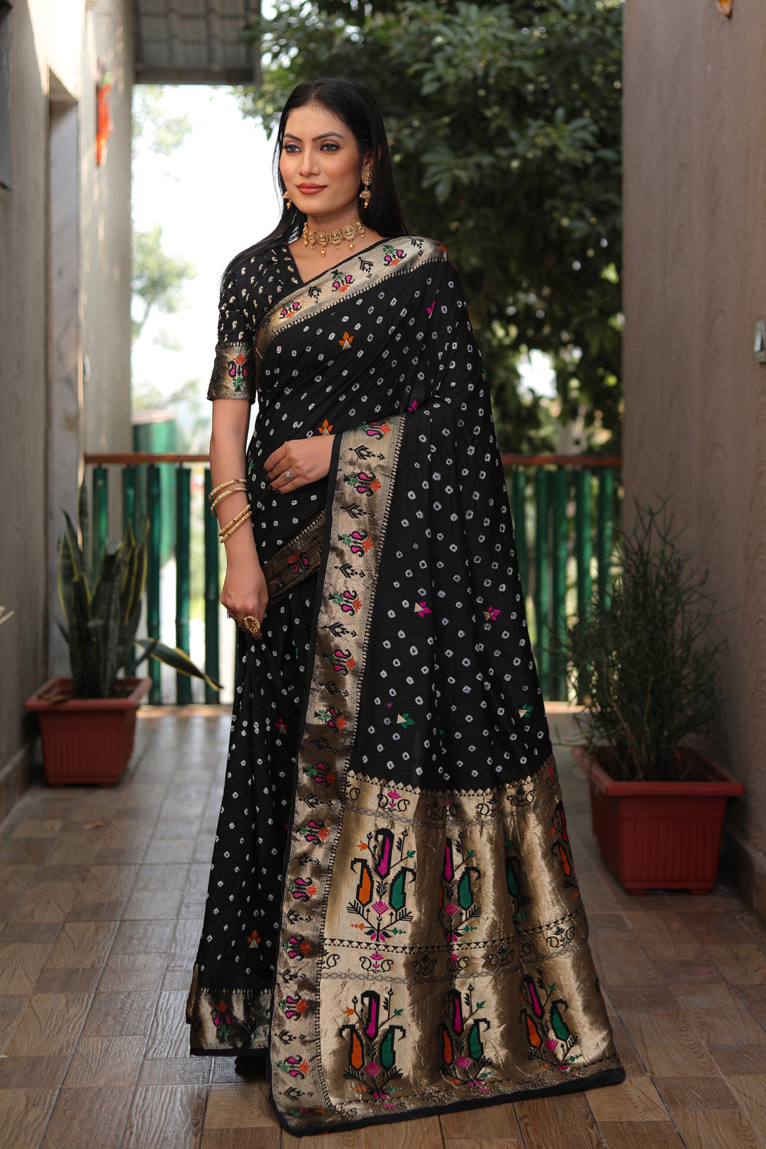 Bandhani Silk saree with bandhej and zari weaving work