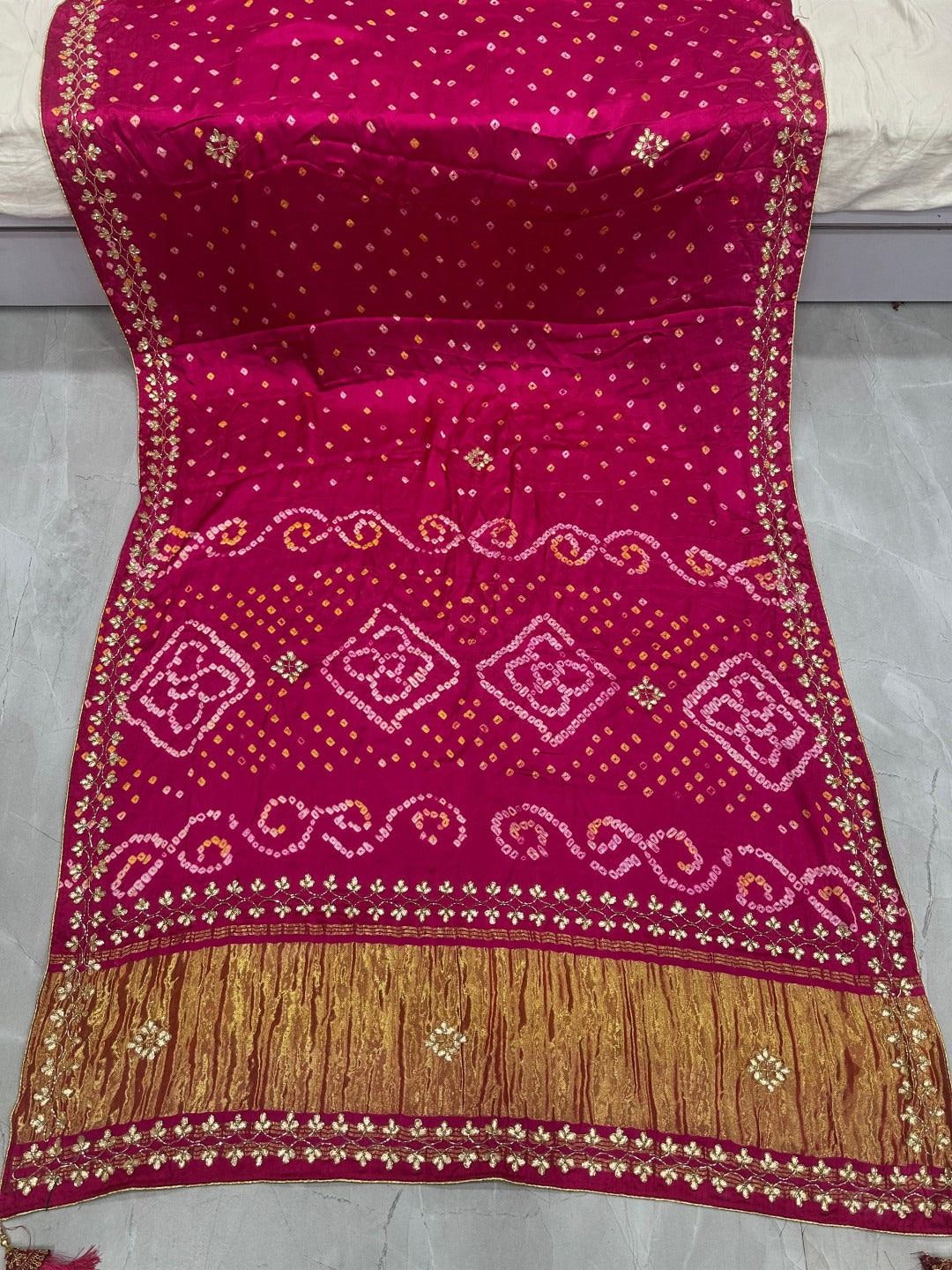 Bandhani Silk Saree with Golden Border
