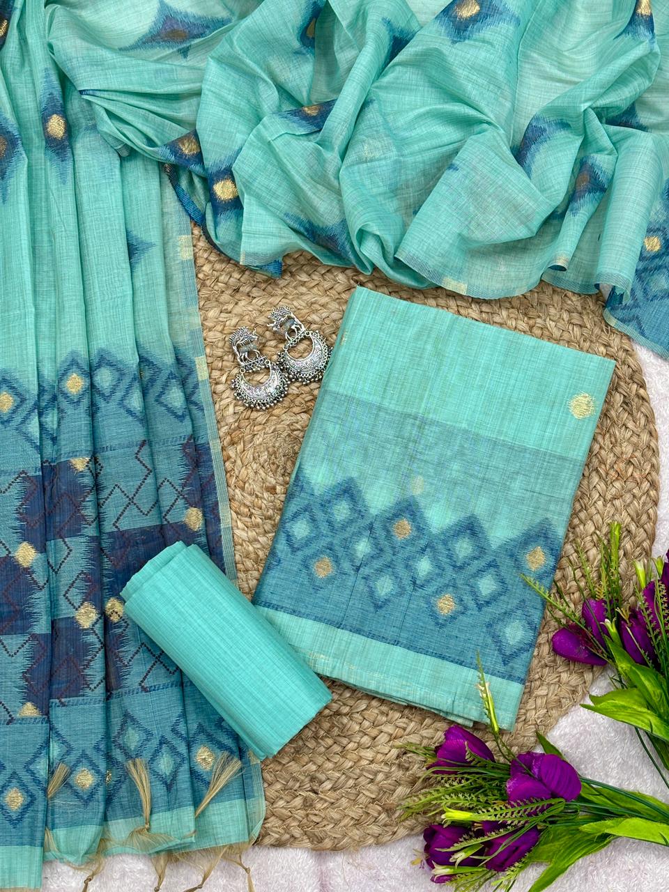 Unstitched Mul Chanderi Salwar Suit with Ikkat Weaving Dupatta & Bottom