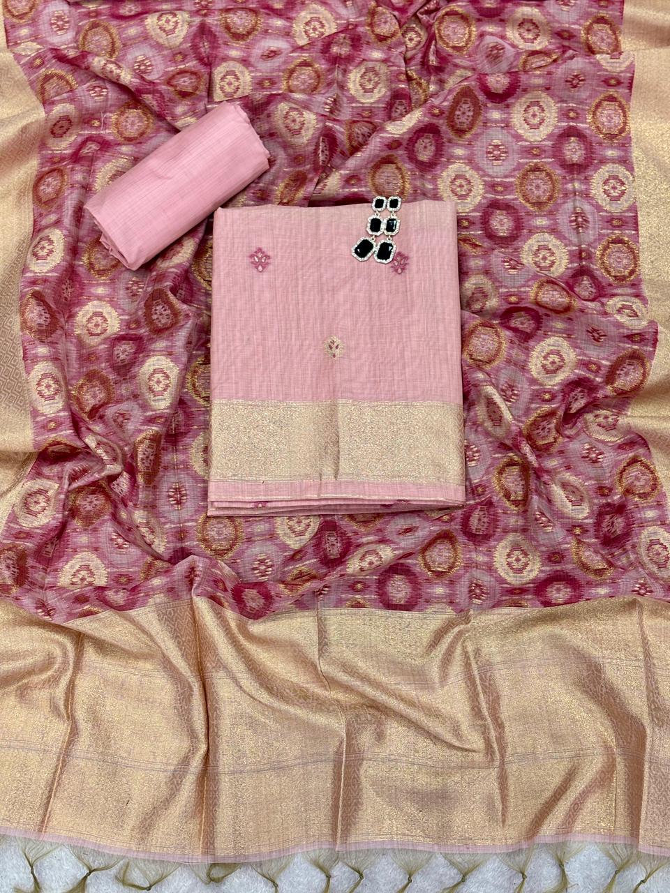 Unstitched Jamdani Cotton Salwar Suit with Ikkat Weaving Dupatta & Bottom