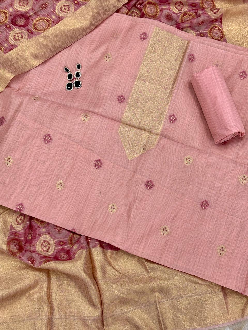 Unstitched Jamdani Cotton Salwar Suit with Ikkat Weaving Dupatta & Bottom