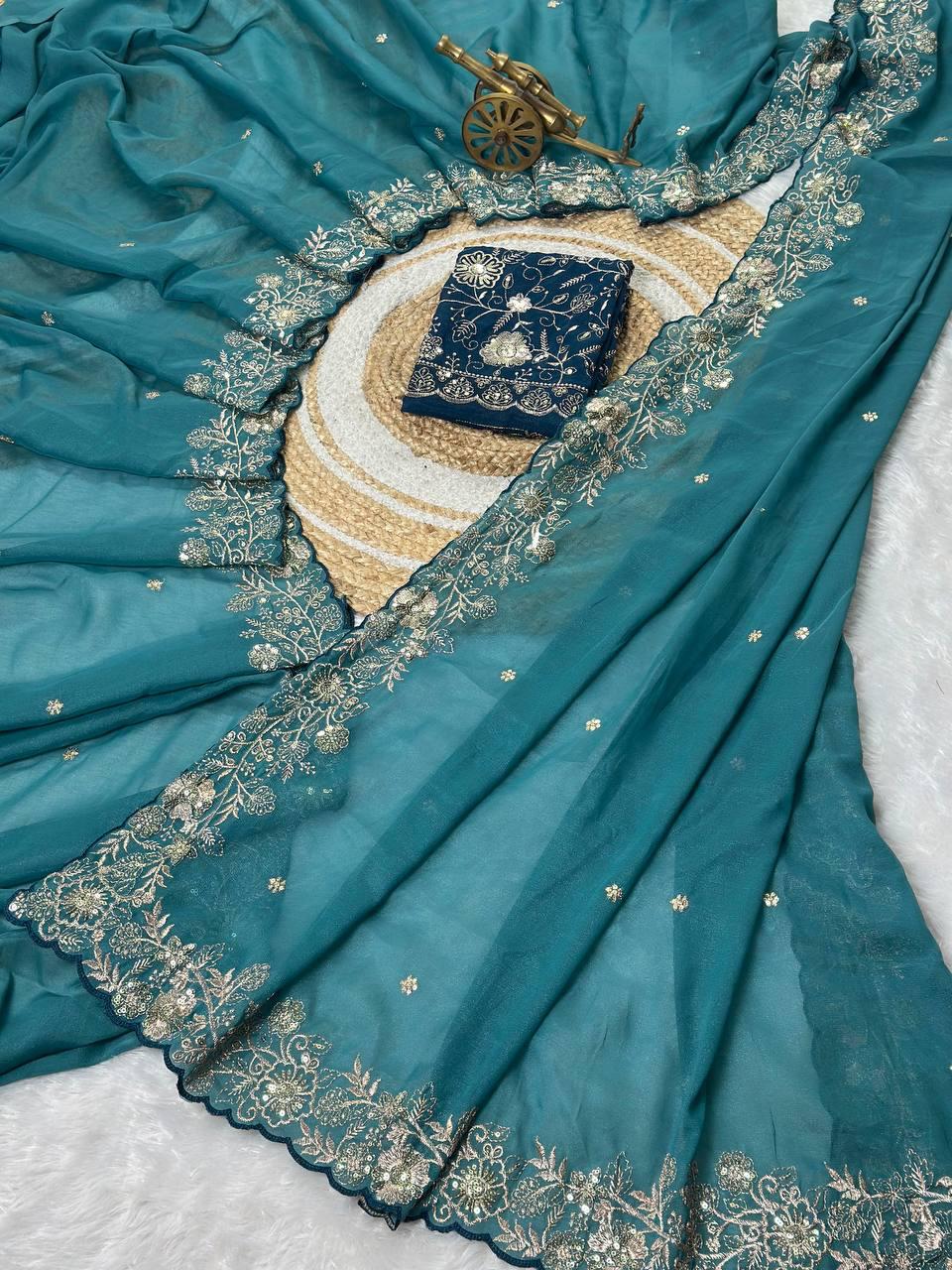 Heavy star georgette silk saree with zari weaving and thread embroidered work