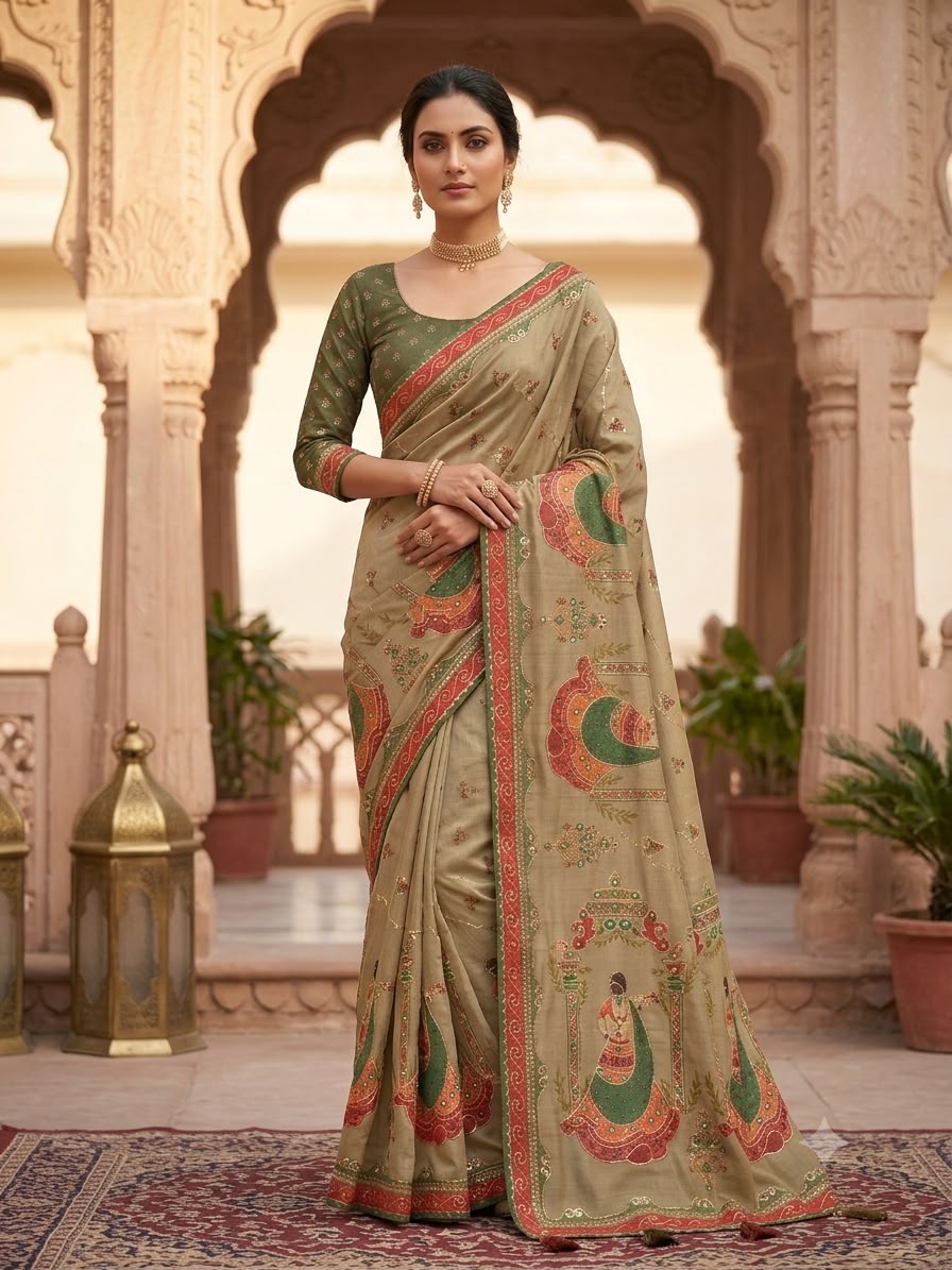 Beige color soft simar silk saree with embroidery and printed work