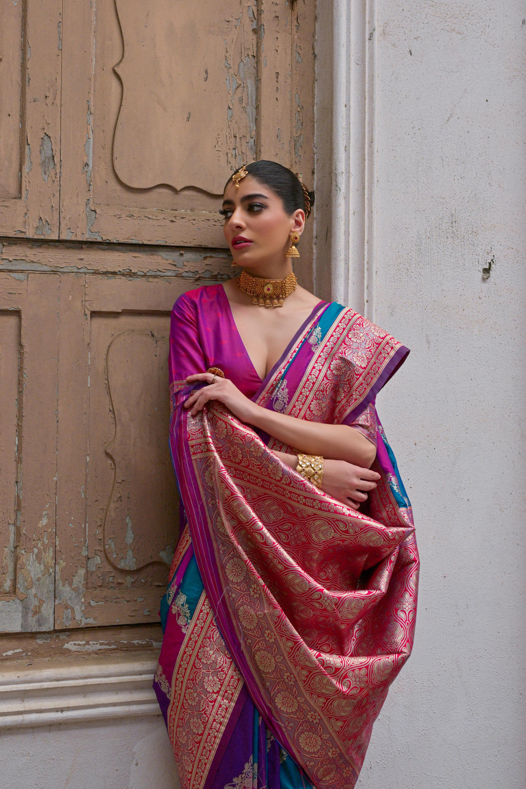 Multi traditional banarasi silk handloom saree with zari weaving work