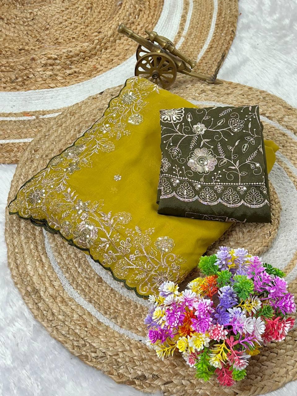 Heavy star georgette silk saree with zari weaving and thread embroidered work