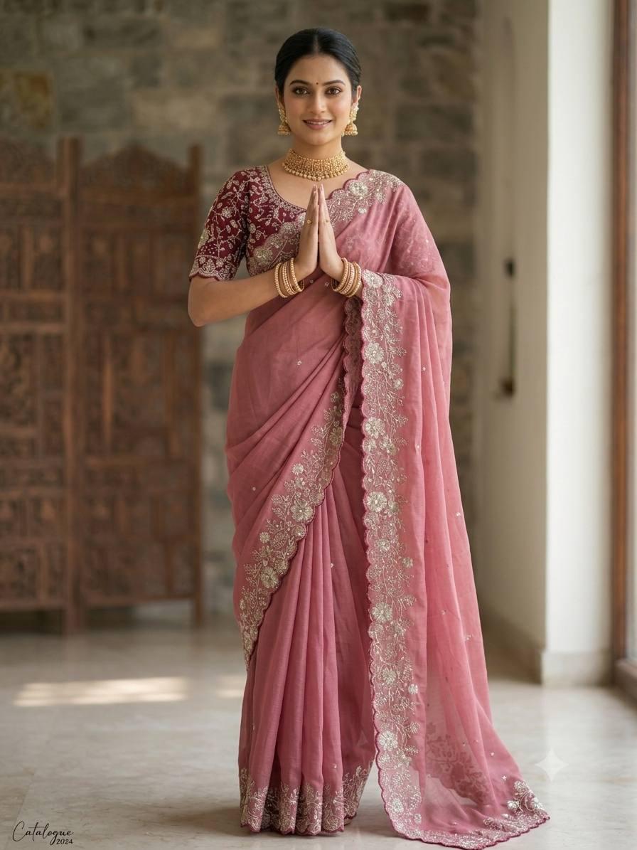 Heavy star georgette silk saree with zari weaving and thread embroidered work