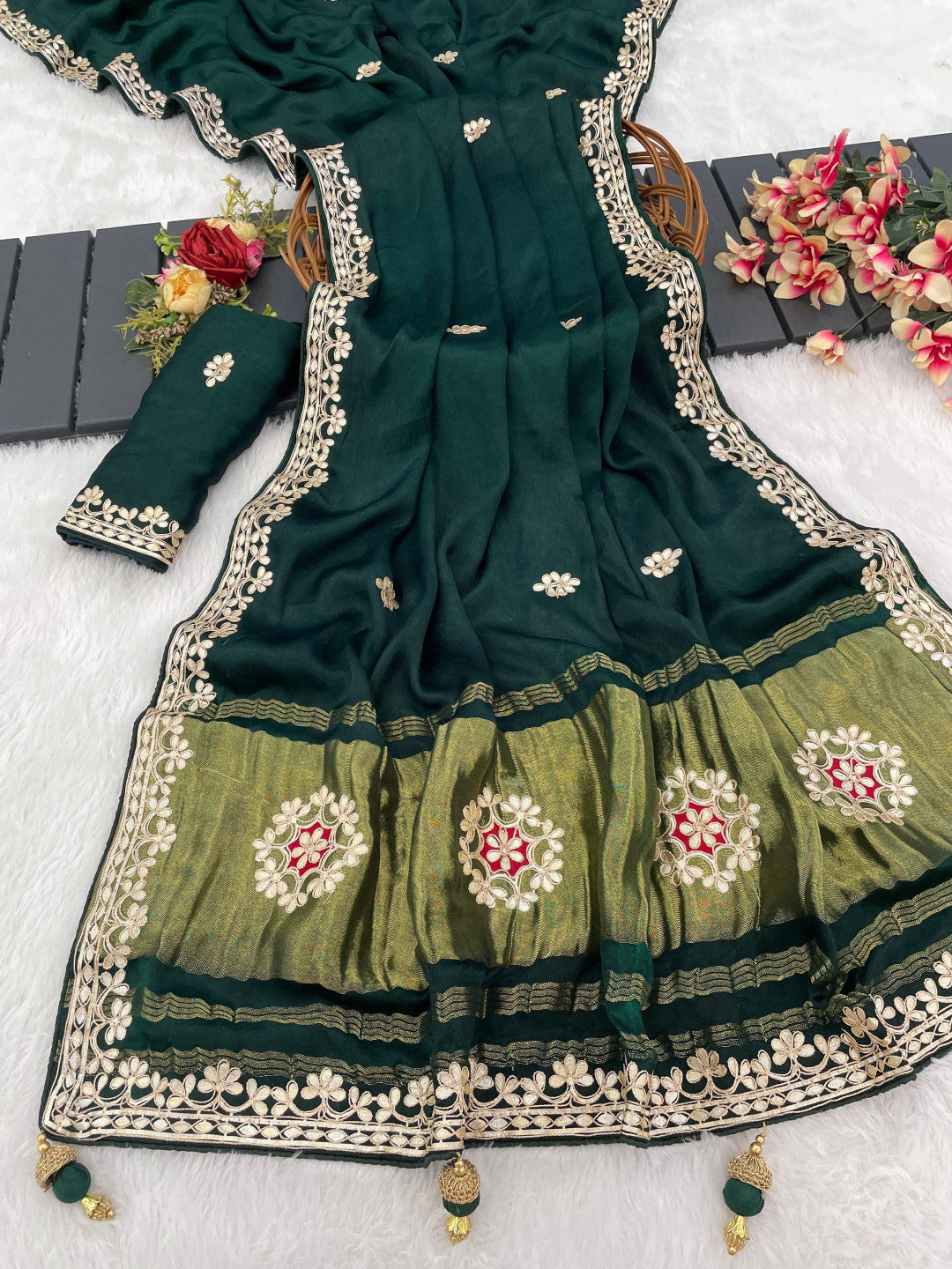 Pure Modal Gajji Silk Embroidered Saree with Rich Golden Pallu (Multi-Color)
