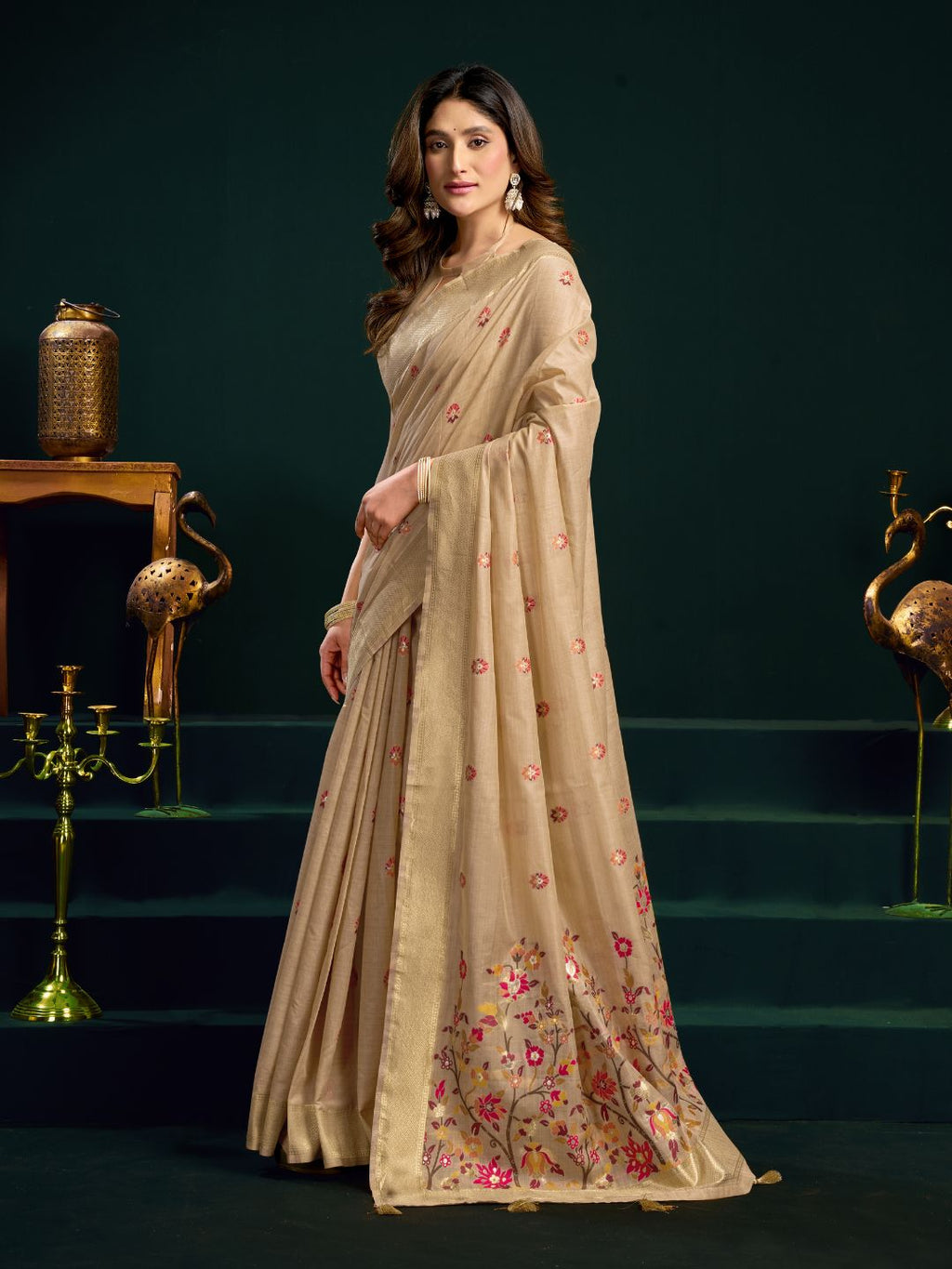 Muga cotton saree with meenakari weaving zari border work