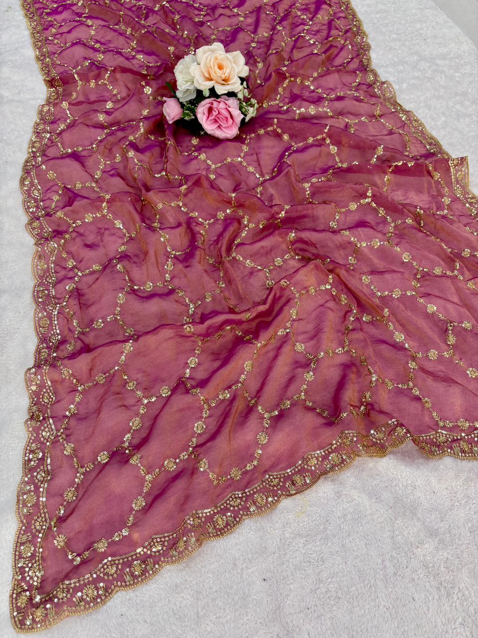 Satin silk saree with embroidery work and cutwork border