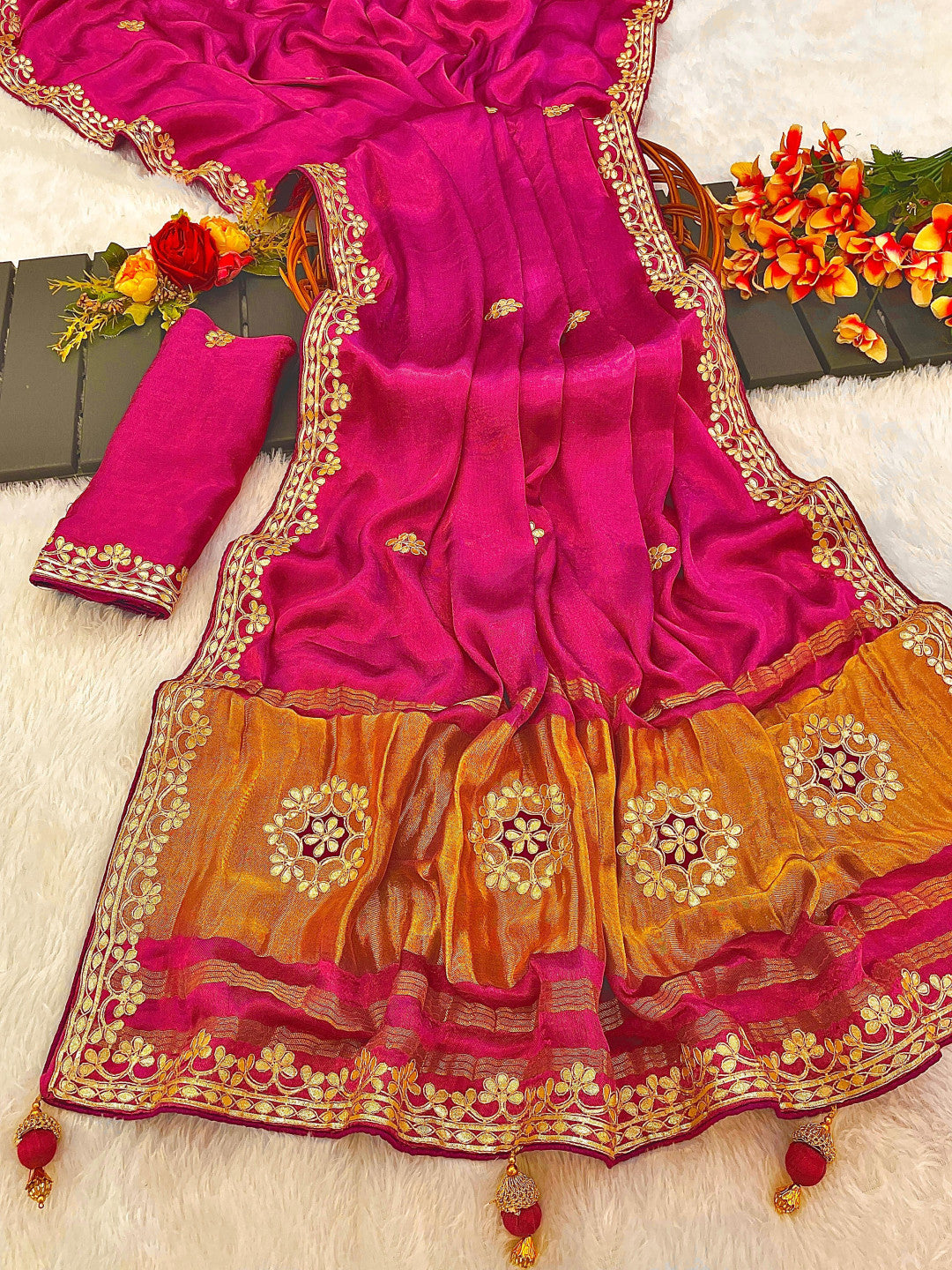 Pure Modal Gajji Silk Embroidered Saree with Rich Golden Pallu (Multi-Color)