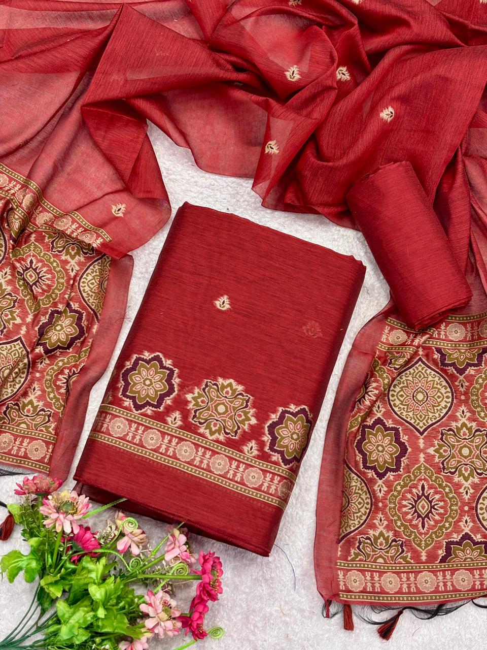 Unstitched Ajrakh Weaving Pure Muga Cotton Salwar Suit with Dupatta & Bottom