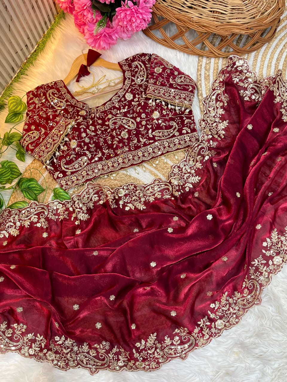 Fancy fandy satin silk saree with sequence work and Ready made blouse