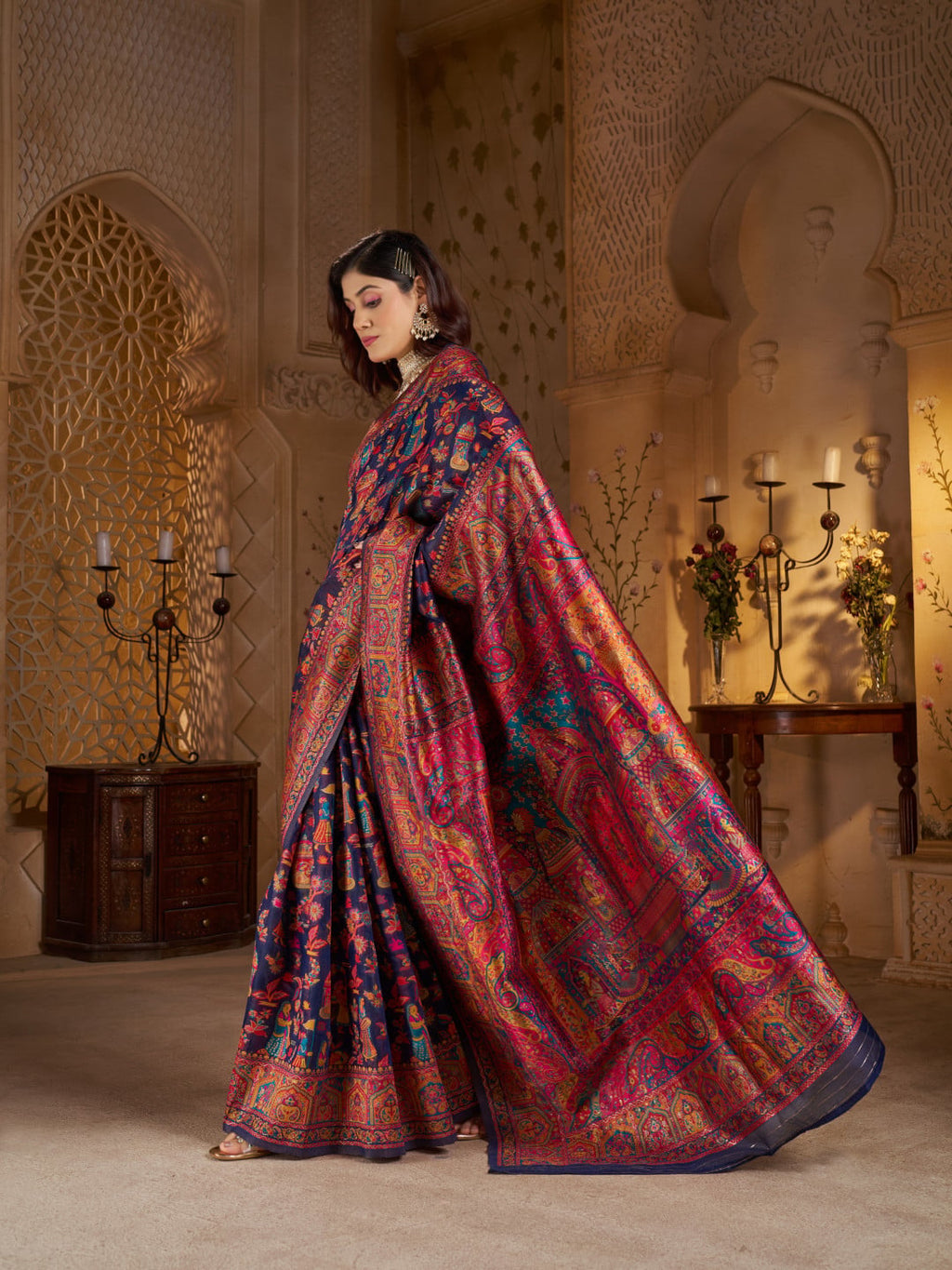 Traditional pashmina silk saree with woven design