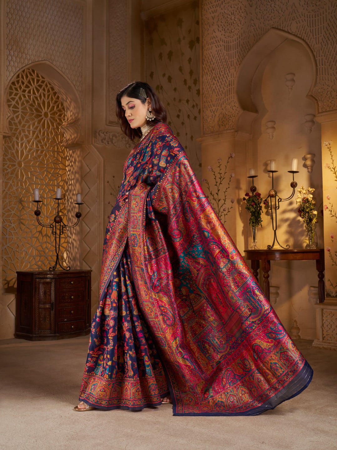 Traditional pashmina silk saree with woven design