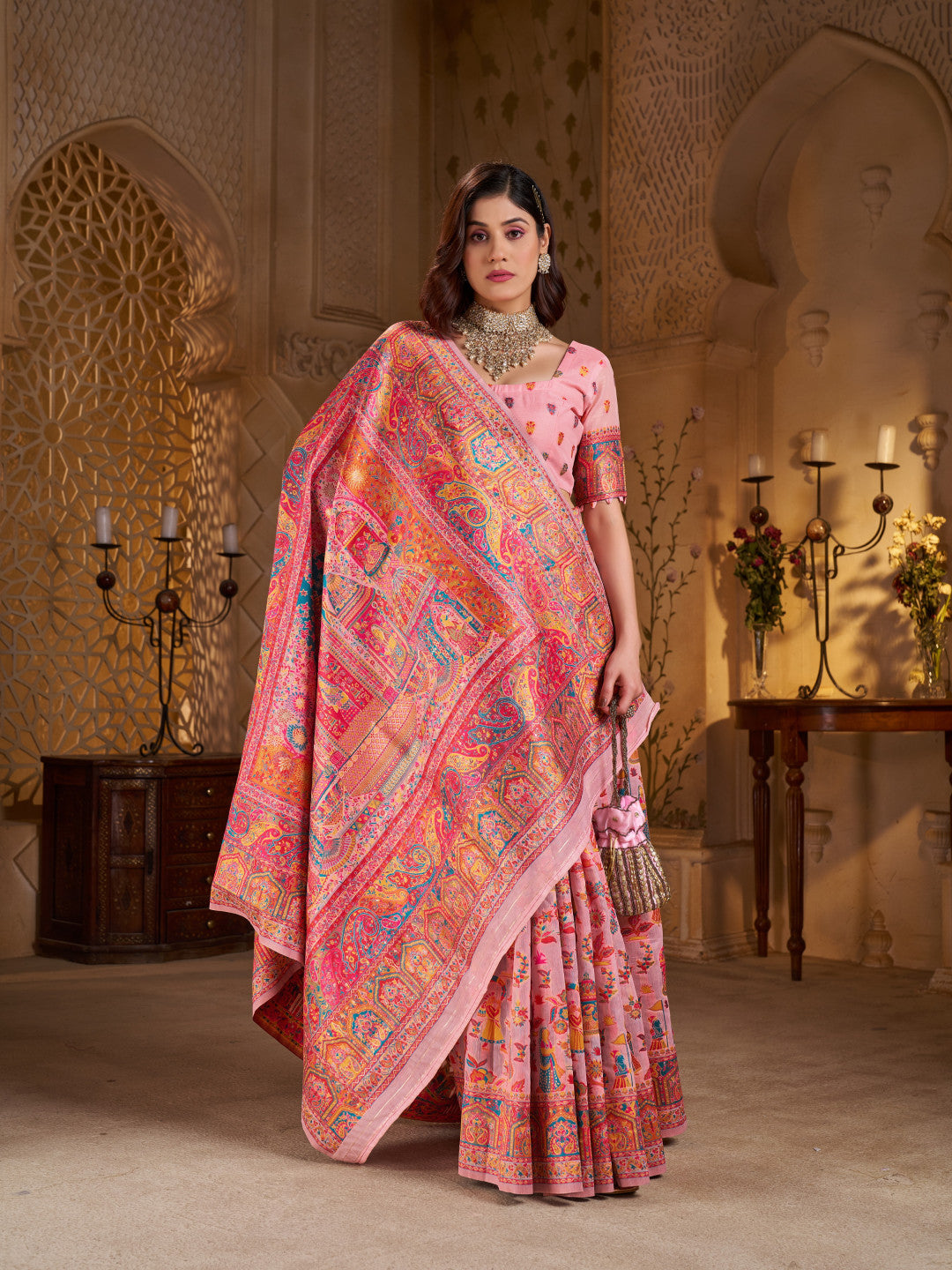 Traditional pashmina silk saree with woven design