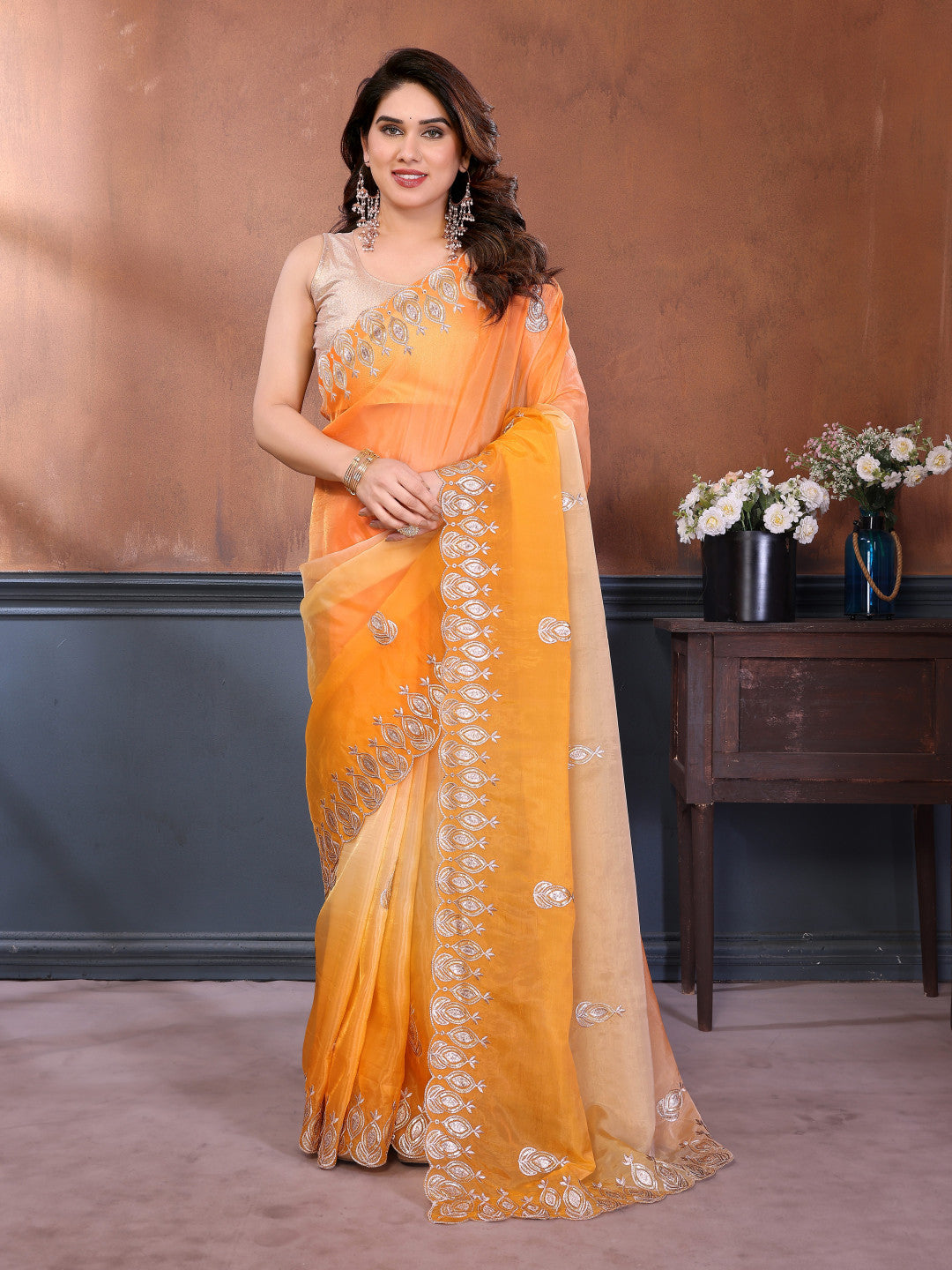 Multi color soft crushed silk saree