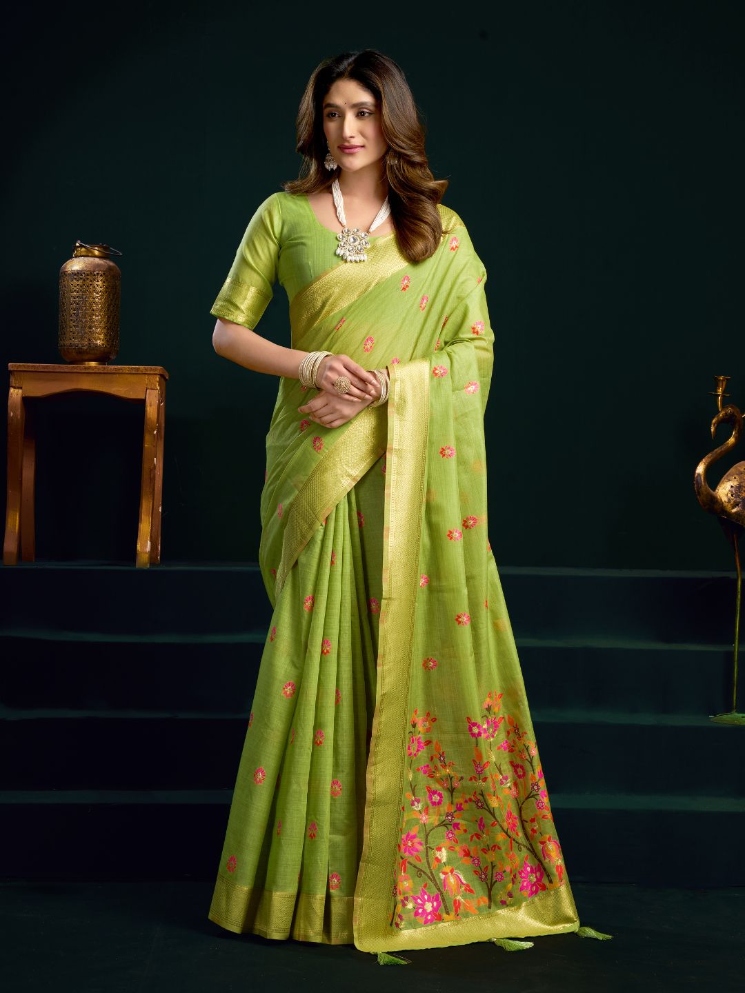 Muga cotton saree with meenakari weaving zari border work