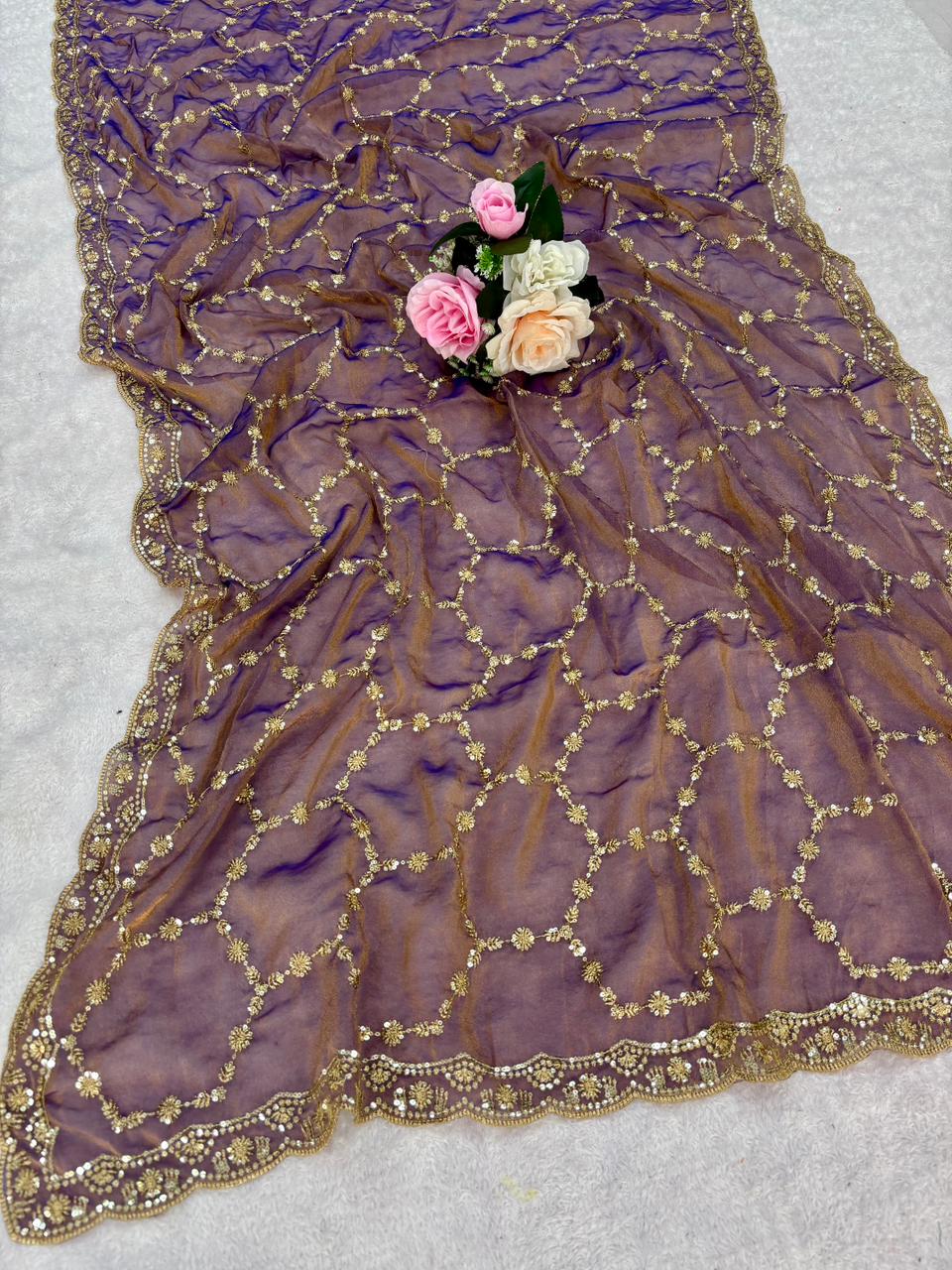 Satin silk saree with embroidery work and cutwork border