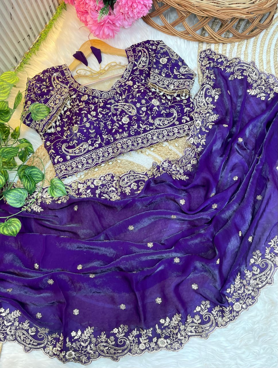 Fancy fandy satin silk saree with sequence work and Ready made blouse