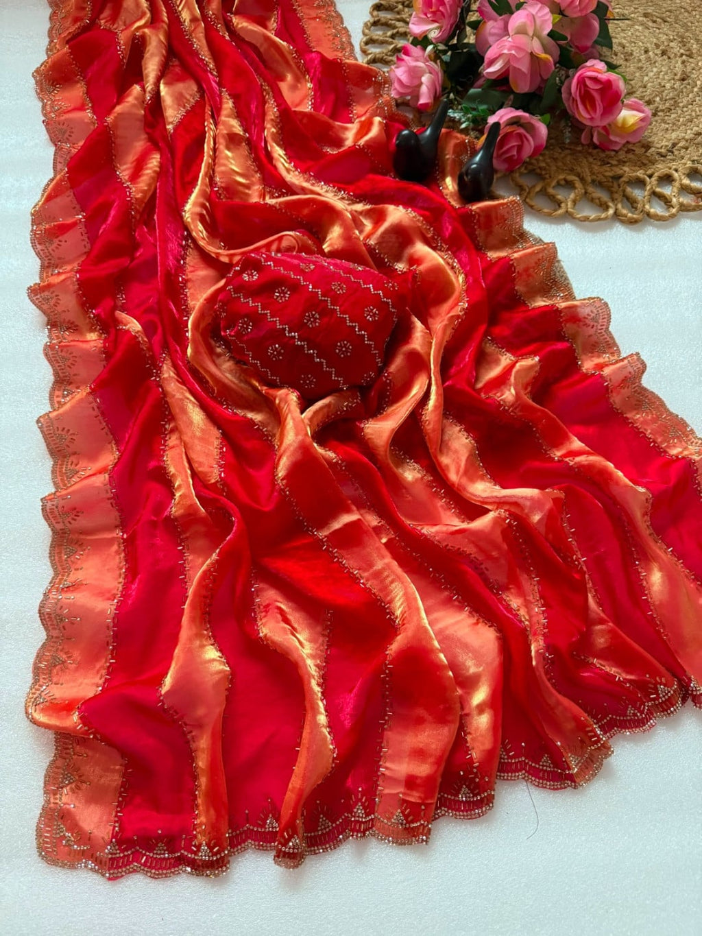 Fancy soft space silk saree with jarkhan and embroidery work