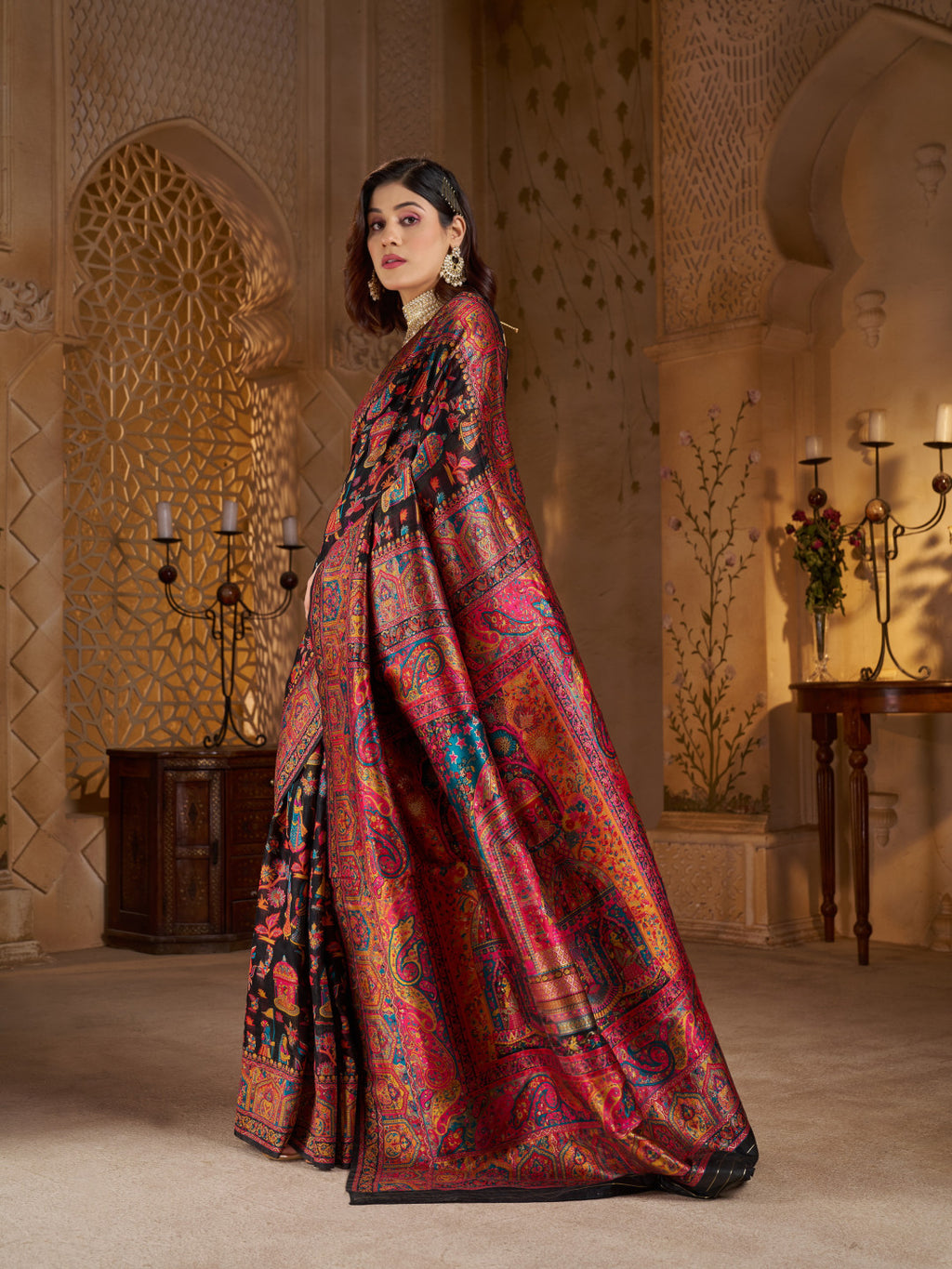 Traditional pashmina silk saree with woven design