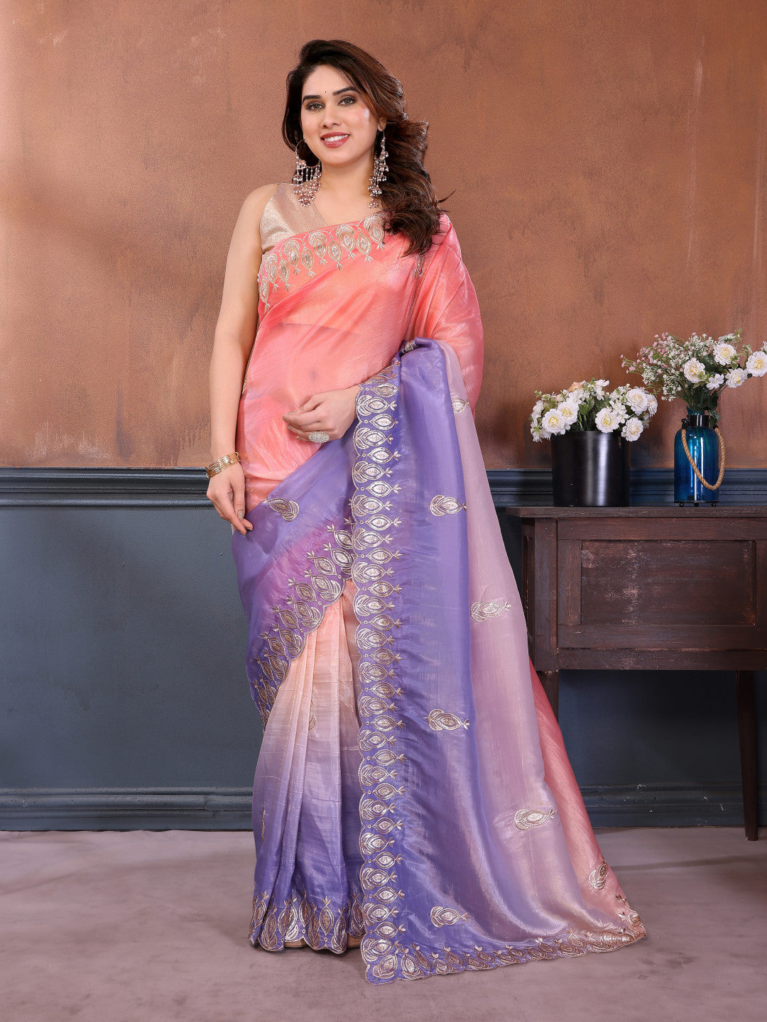 Multi color soft crushed silk saree