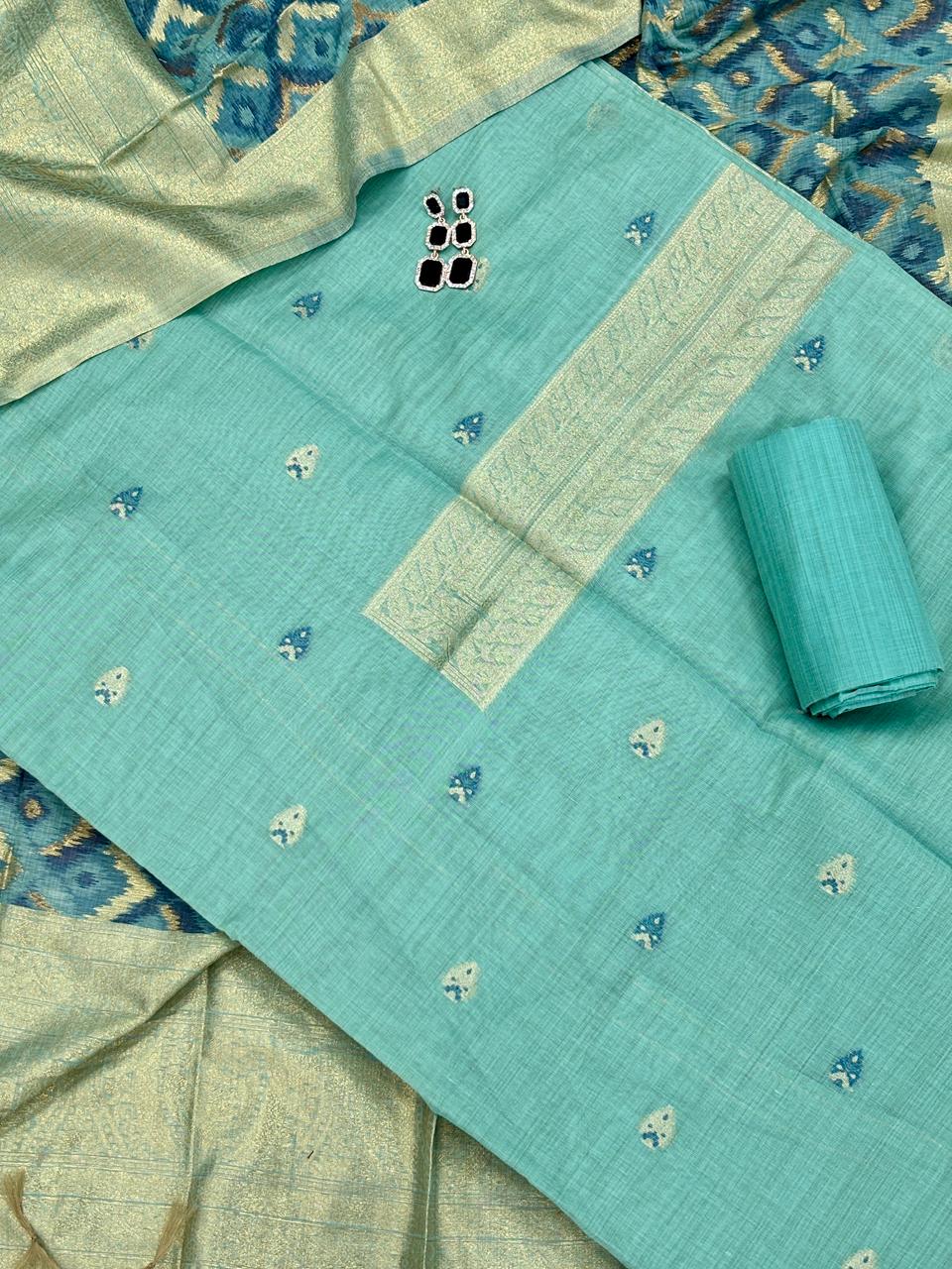Unstitched Jamdani Cotton Salwar Suit with Ikkat Weaving Dupatta & Bottom